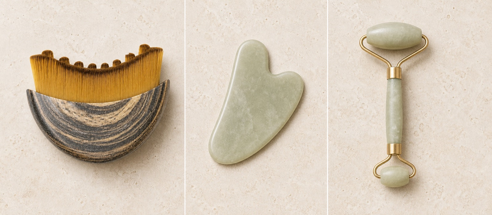 Comparación visual entre Contour Glow, gua sha y rodillo facial