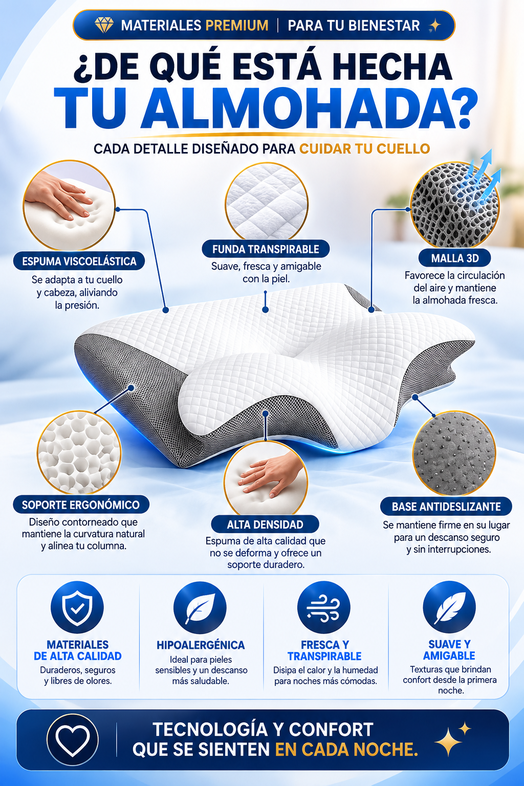 CerviFlex™ Almohada Ergonómica Cervical de Espuma Viscoelástica
