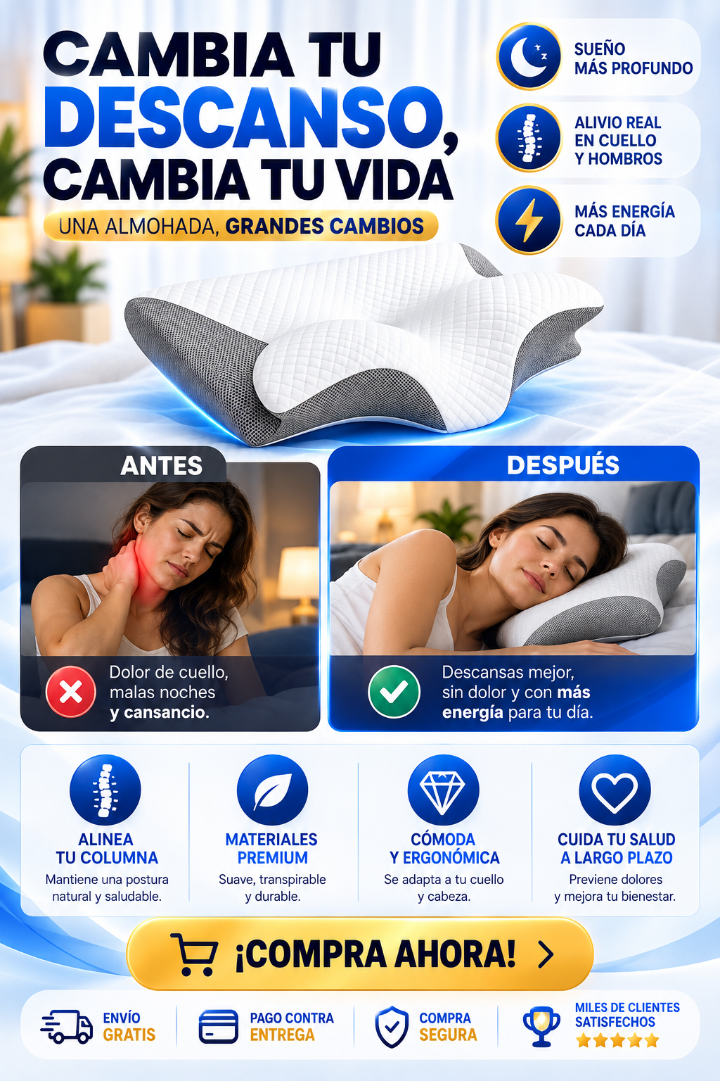 CerviFlex™ Almohada Ergonómica Cervical de Espuma Viscoelástica