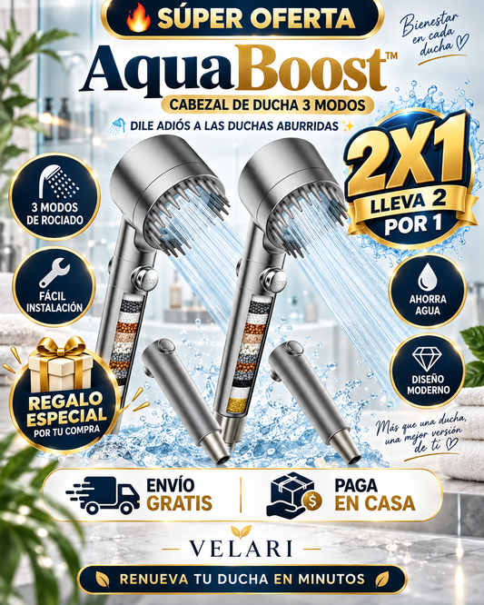AquaBoost™ | Cabezal de Ducha 3 Modos 2x1