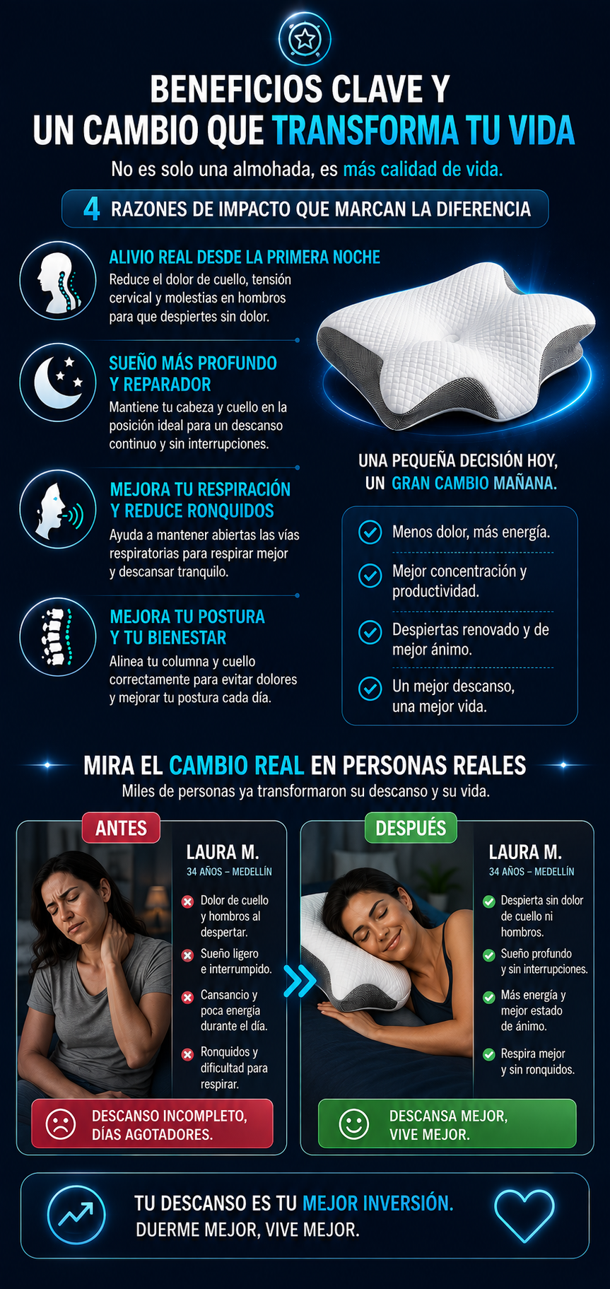 CerviFlex™ lmohada Ergonómica Cervical de Espuma Viscoelástica
