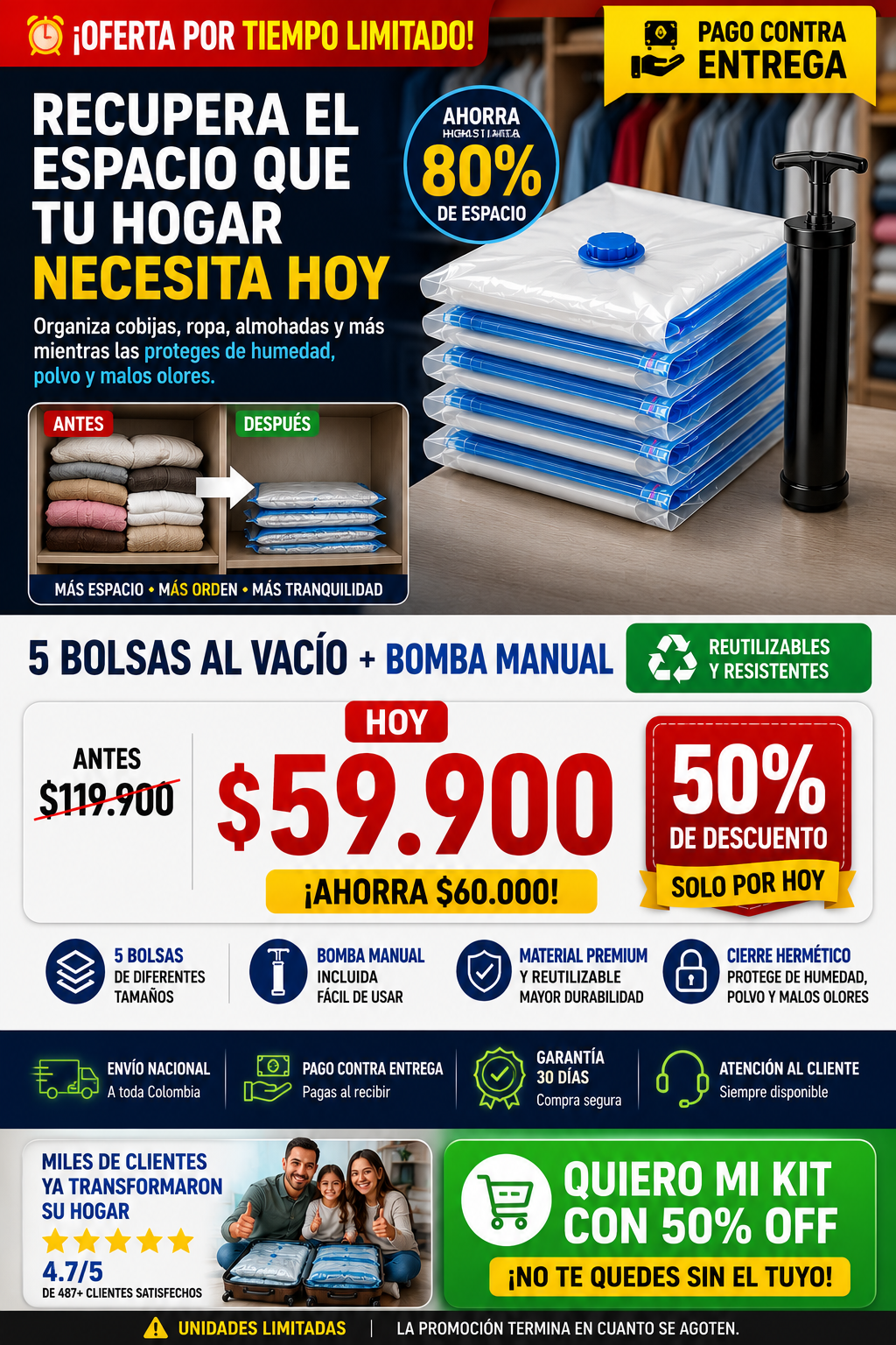 BOLSAS DE EMPAQUE AL VACÍO X5 + BOMBA MANUAL