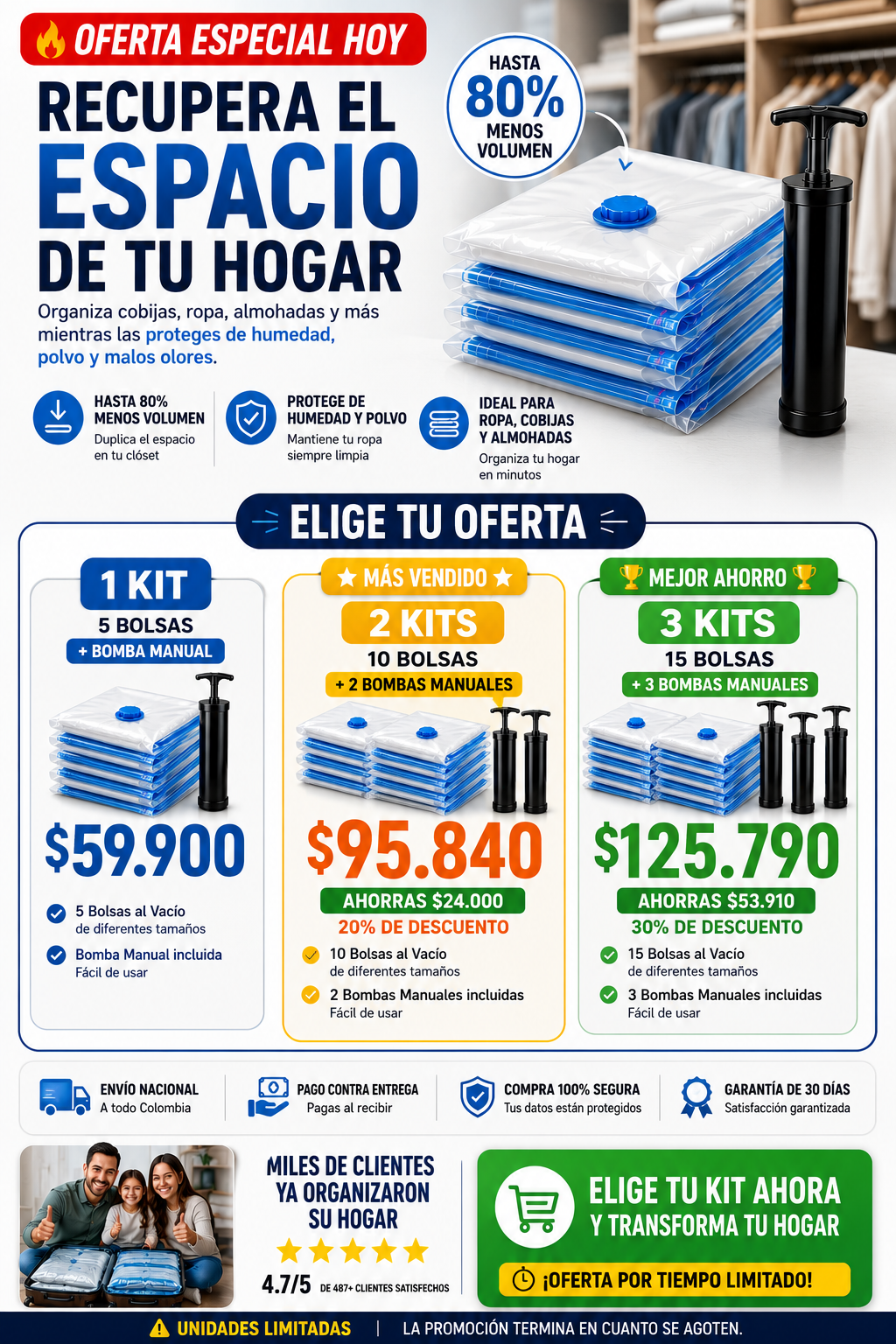 BOLSAS DE EMPAQUE AL VACÍO X5 + BOMBA MANUAL