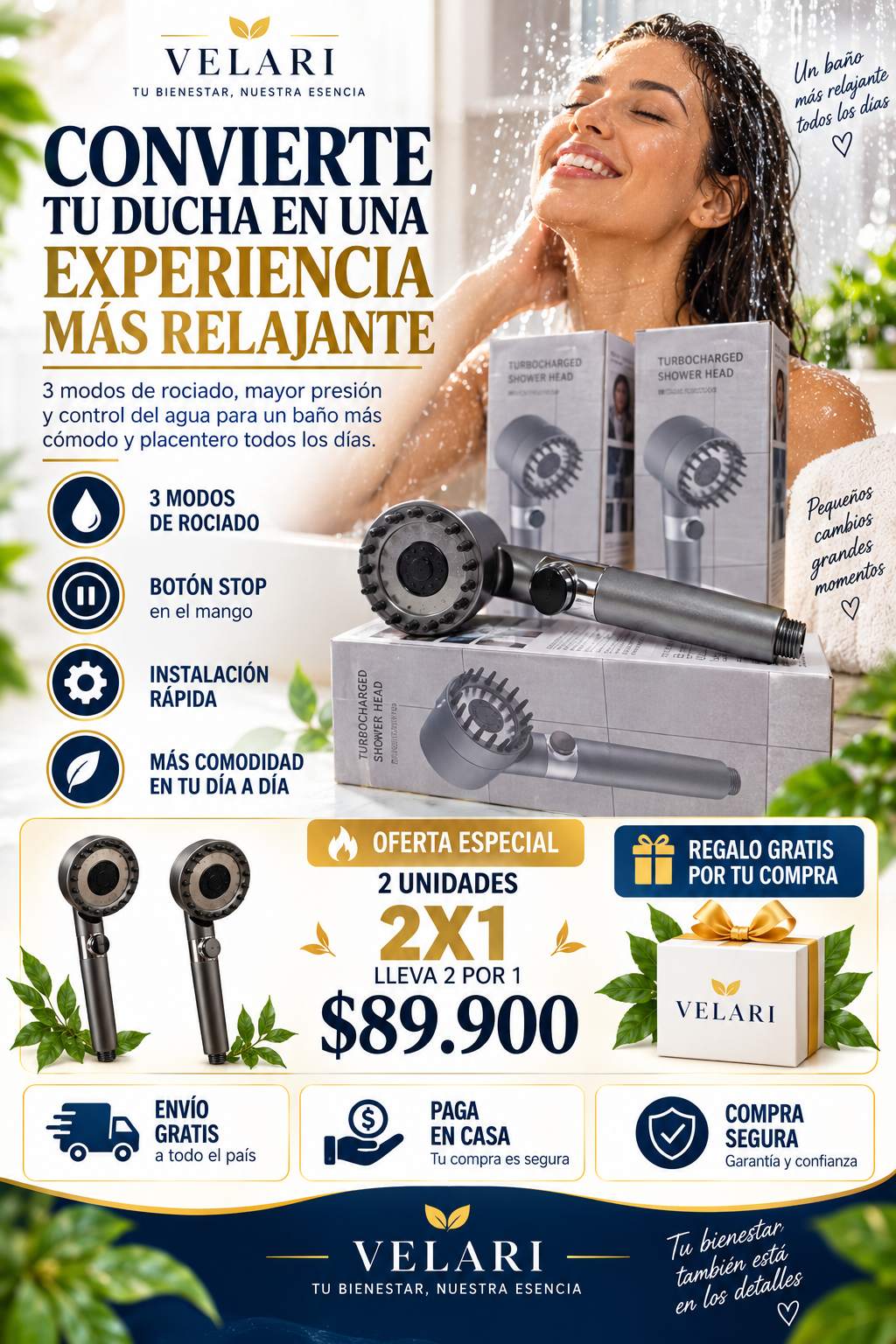 AquaBoost™ | Cabezal de Ducha 3 Modos 2x1