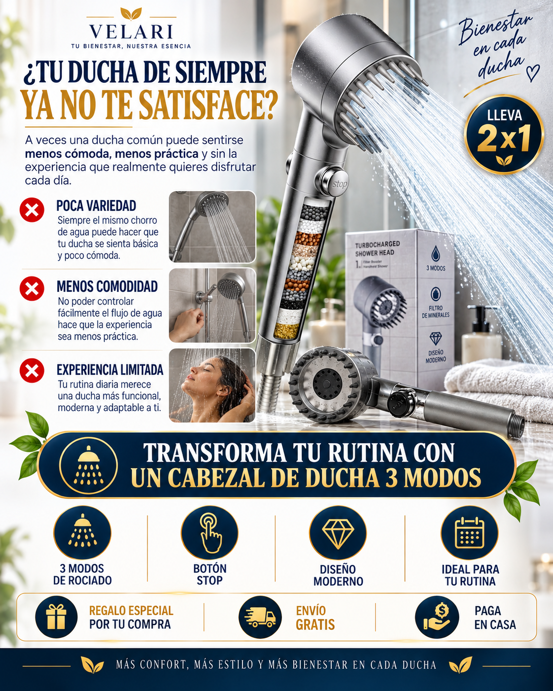AquaBoost™ | Cabezal de Ducha 3 Modos 2x1