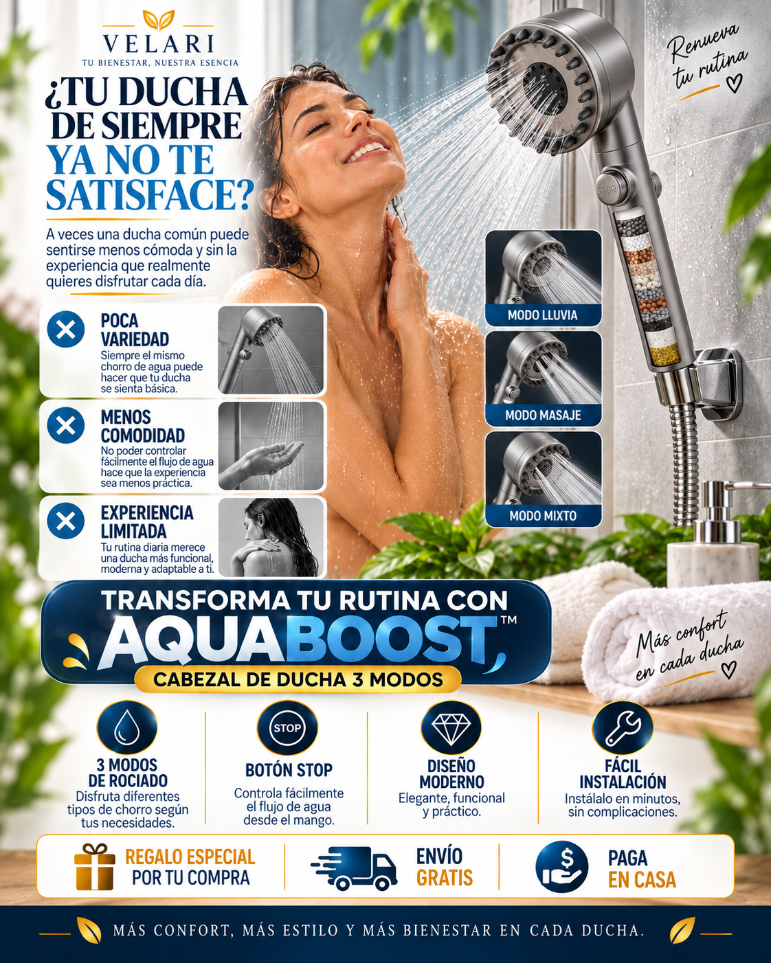 AquaBoost™ | Cabezal de Ducha 3 Modos 2x1