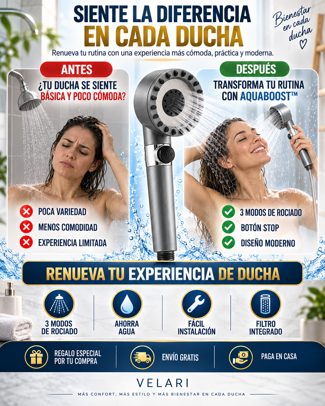 AquaBoost™ | Cabezal de Ducha 3 Modos 2x1