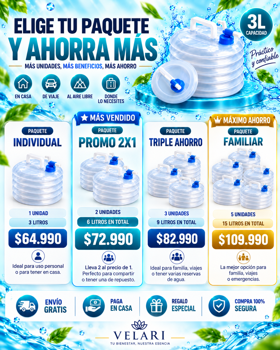 HydraFlex™ Contenedor de Agua Plegable 3L 2x1