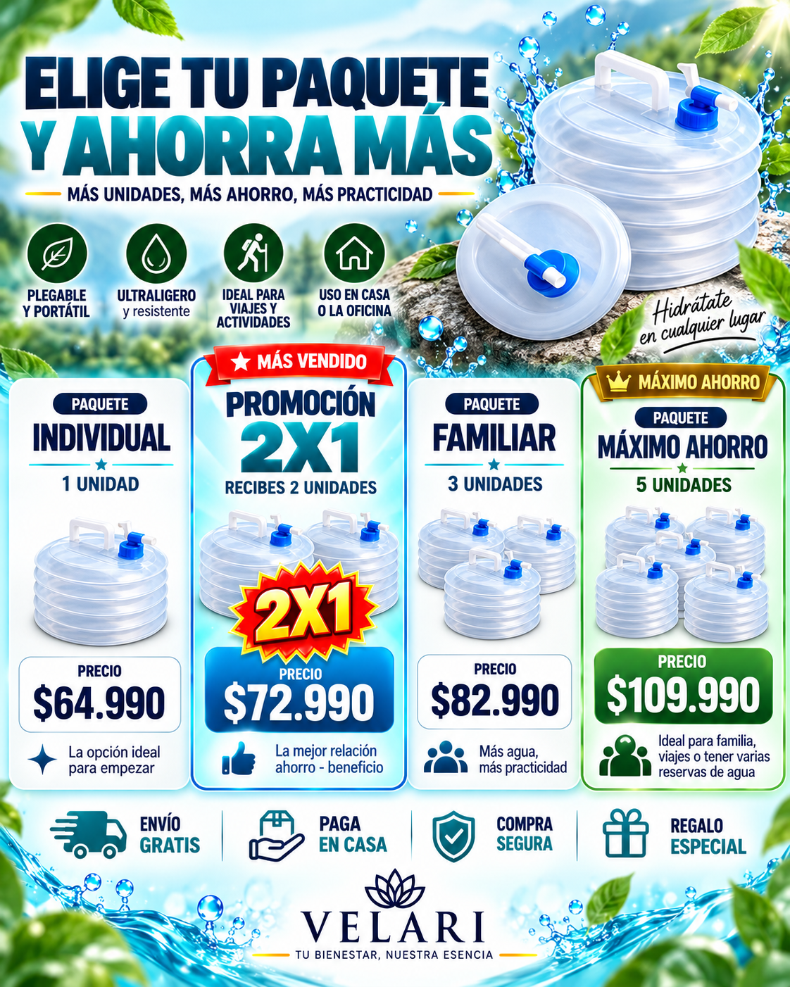 HydraFlex™ Contenedor de Agua Plegable 3L 2x1