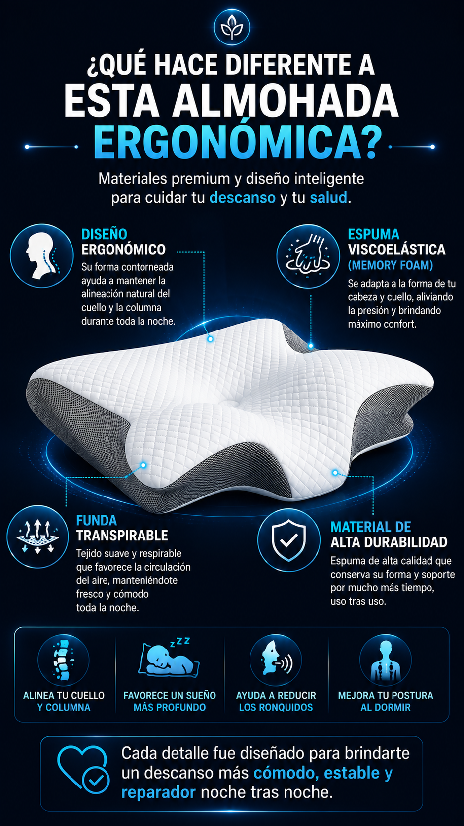 CerviFlex™ lmohada Ergonómica Cervical de Espuma Viscoelástica