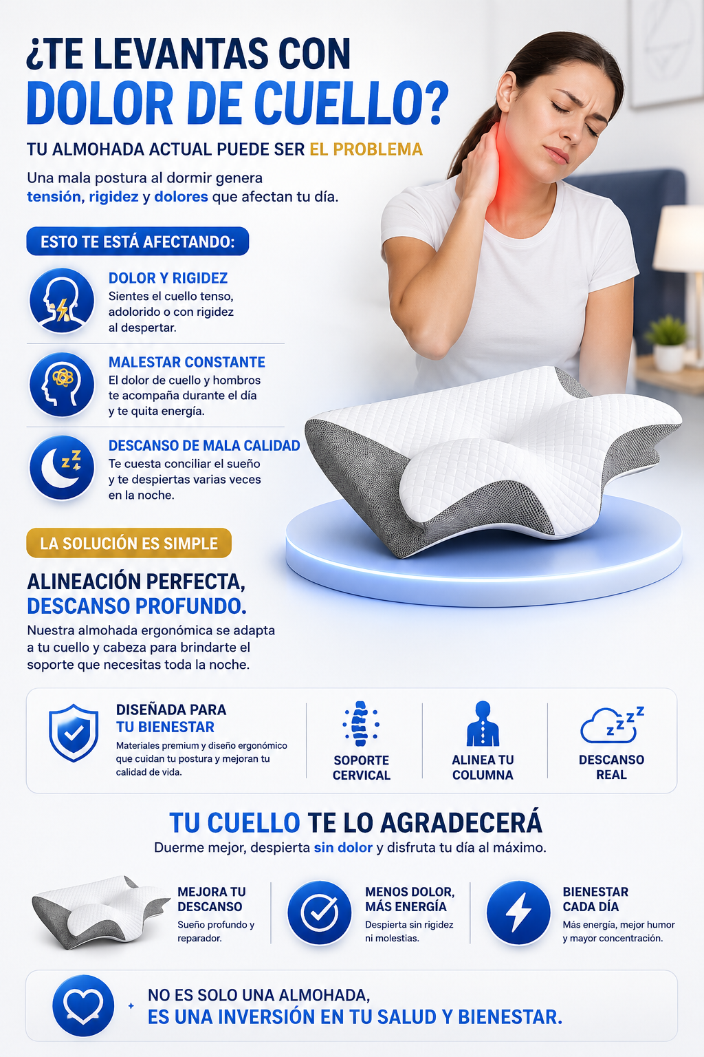 CerviFlex™ Almohada Ergonómica Cervical de Espuma Viscoelástica