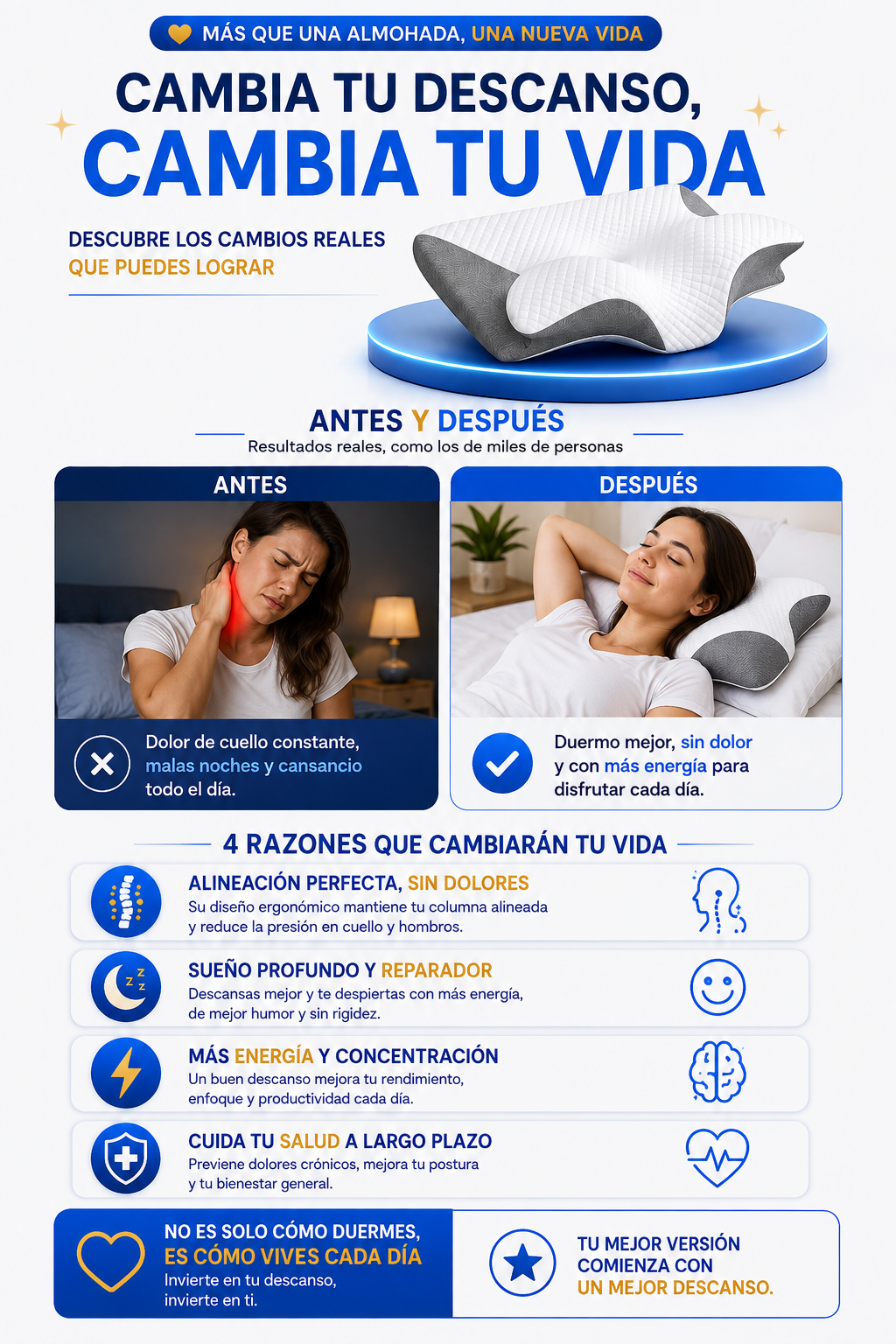 CerviFlex™ Almohada Ergonómica Cervical de Espuma Viscoelástica