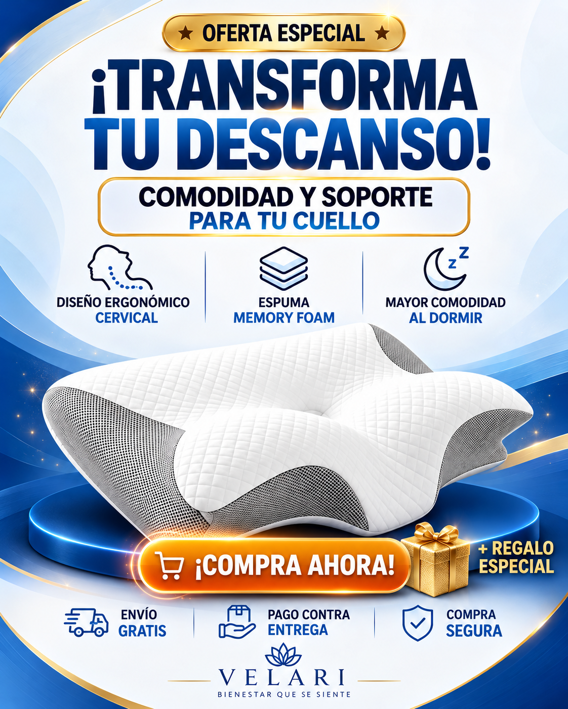 CerviFlex™ Almohada Ergonómica Cervical de Espuma Viscoelástica