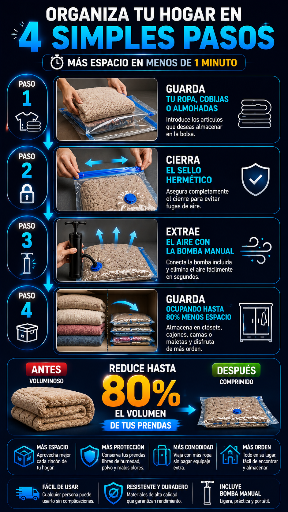 BOLSAS DE EMPAQUE AL VACÍO X5 + BOMBA MANUAL