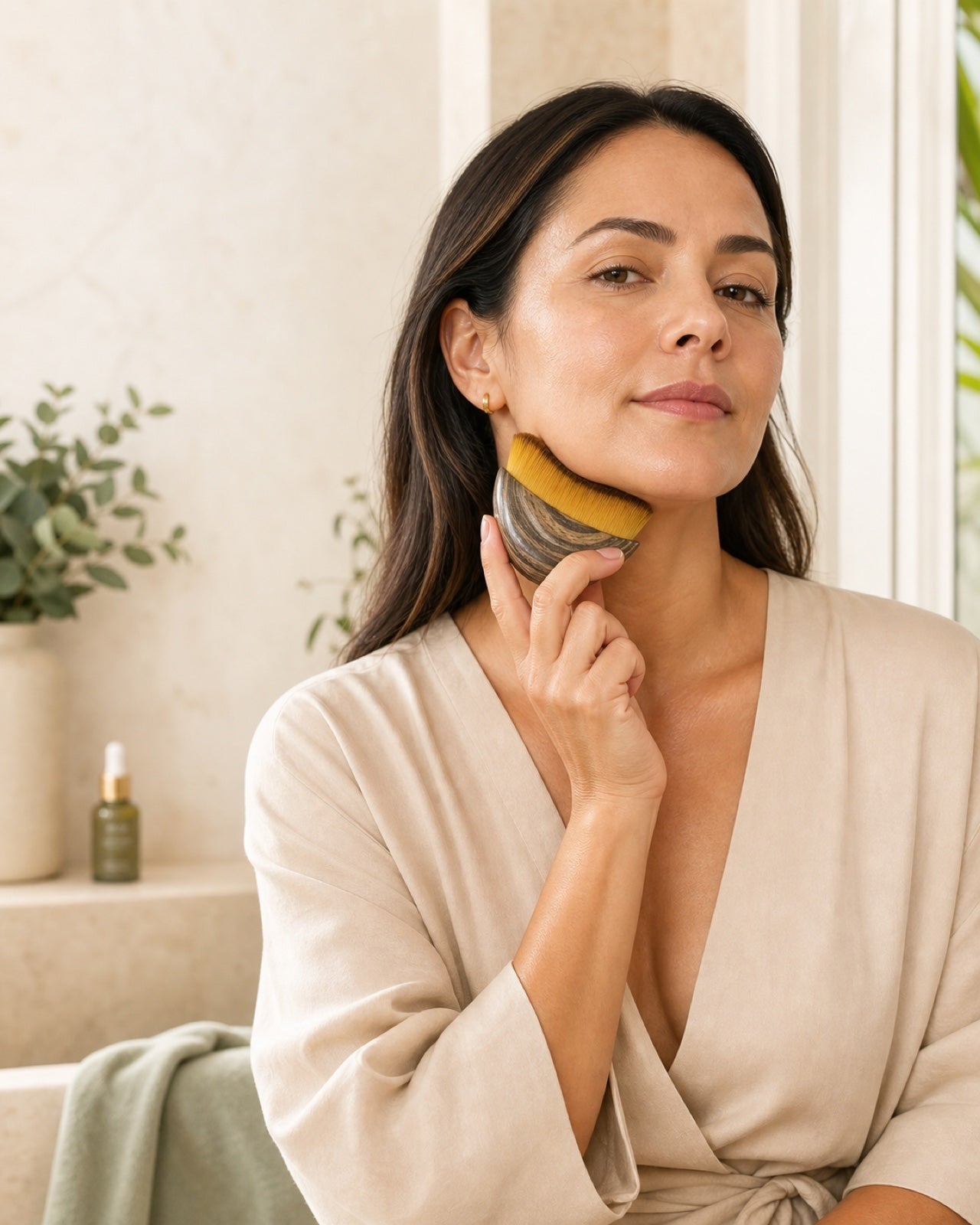 Mujer usando suavemente el cepillo facial Contour Glow en el cuello